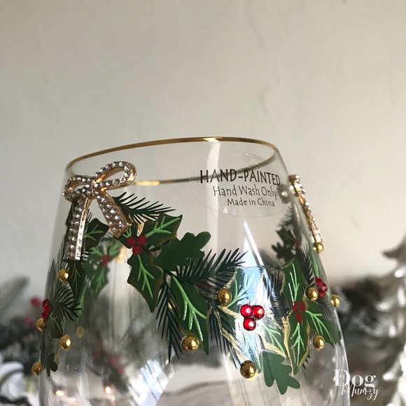 2 Gold Rimmed Holly Berry Ribbon Bow Christmas Stemless Wine Glass - Picture 4 of 7